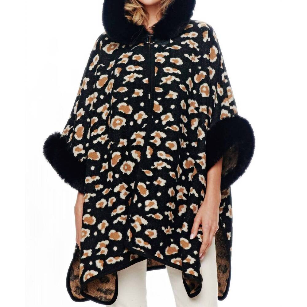 NEW PINE APPAREL leopard faux fur hoodie cape in black